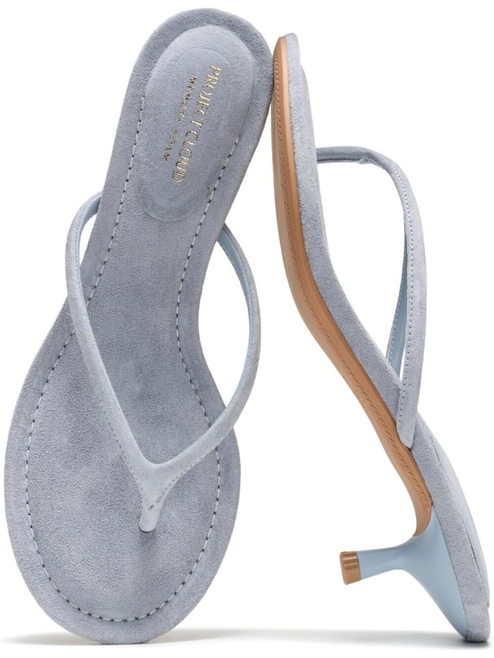 Women's Leather Kitten Heels Blue Leather Slip On Thong Heels Sandals Thong Heel